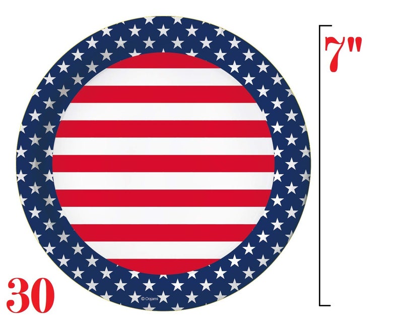 Oojami Serves 30 Party Pack 4th of July Patriotic American Stars and Stripes 9" Dinner Paper Plates 7" Dessert Paper Plates Cups Napkins 2 Table Cover 4th of July Party Supplies American Party Theme - Image 4
